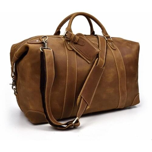Mens Retro Travel Bag Crazy Horse Leather Large Capacity Luggage Bag 20 Inch Leather Handbag cowhide leather khaki handbag