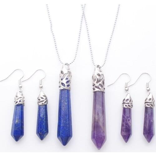 Women Jewelry Set Hexagonal Pointed Reiki Chakra Crystal Pillar Stone Beads Pendant Dangle Earrings Chain Necklace 45CM QBQ307