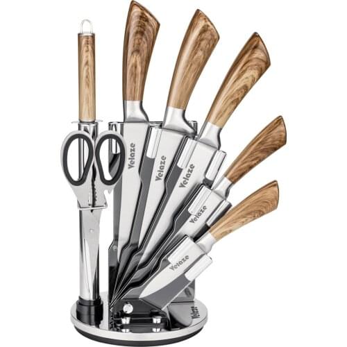 Velaze Knife Sets 8 Piece Stainless Steel Kitchen Set with Sharpener and Spinning Block - Wood Color
