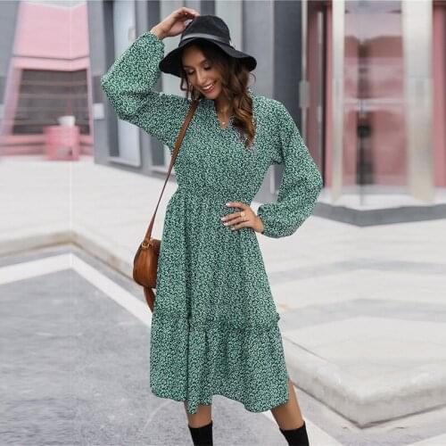 Autumn Winter Slim Print Long Dress Women Casual V Neck Full Sleeve Dress For Women 2021 New Elegant