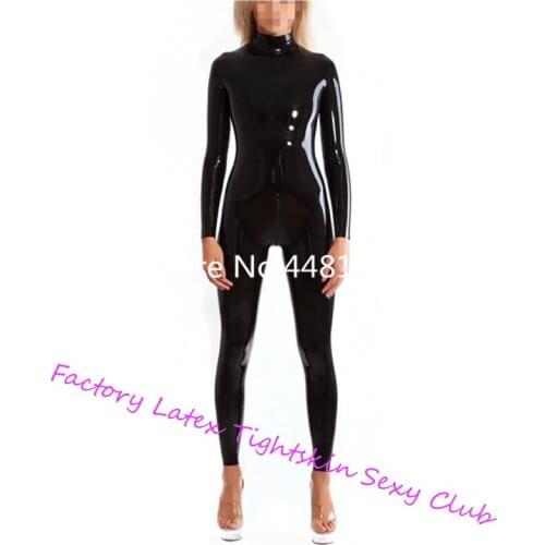Sexy Black Latex Catsuit Rubber Zentai Suit Neck Entry Rubber Bodysuit With Crotch Zip High Quality Womens Cat-suit