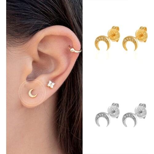 DAIWUJAN Mini 925 Sterling Silver Crystal MOON Stud Earrings Gold Color Zircon Ear Bone Nail Pierced Earrings Fashion Jewelry