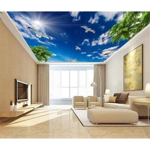 Modern 3D photo wallpaper blue sky and white clouds i seagull leaves wallpaper home interior living room ceiling hall mural wall