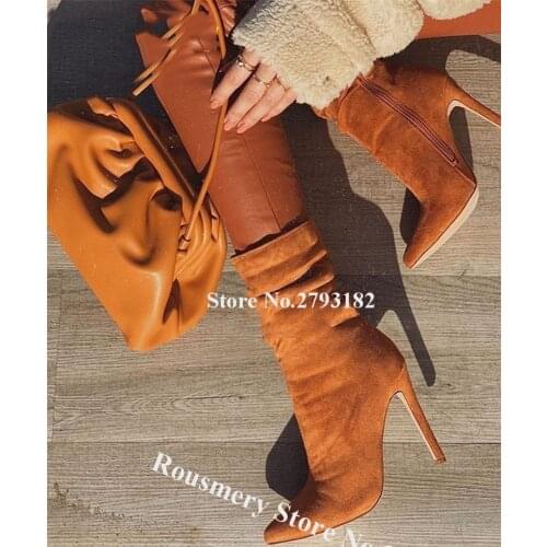 Women Classical Style Pointed Toe Suede Leather Stiletto Heel Short Boots Side Zipper-up Elegant High Heel Ankle Booties