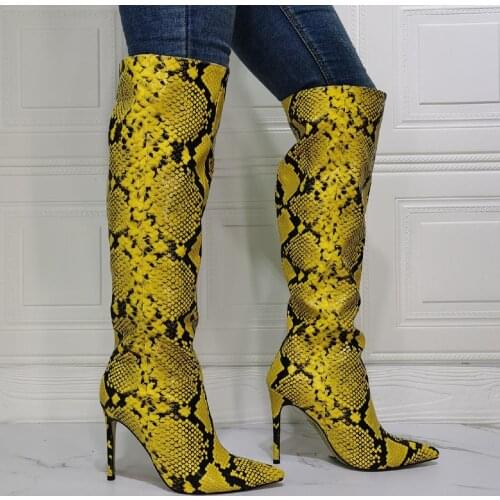 Woman Sexy Yellow Snake Skin Pointed Toe Long Boots Slip On Thin Heels Over The Knee High Boots Python Custom Other Colors