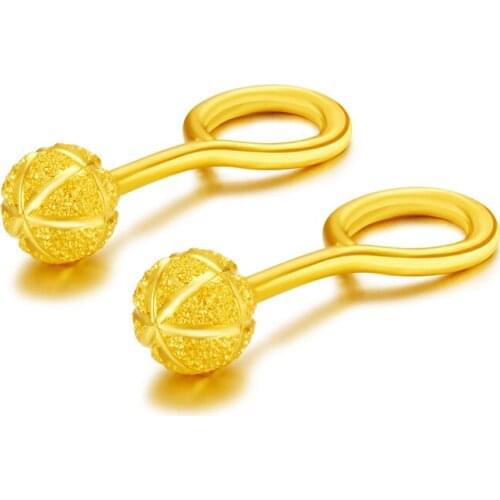 Pure 24K Yellow Gold Earrings Women 999 Gold Pumpkin Sandstone Ball Stud Earrings P6274