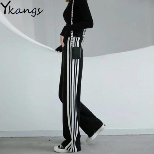 Womens Joggers Sweatpants Vintage Gothic Black Wide Leg Pants Loose Stripe Casual High Waist Pants Streetwear Vintage Trousers