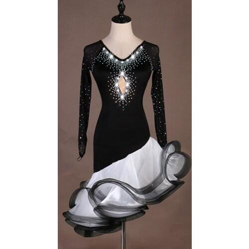 Latin Dance Costume Women Shiny Diamond Black Long Sleeve Tutu Skirt Latin Dance Competition Dresses Rumba/Tango Costume DQL1237