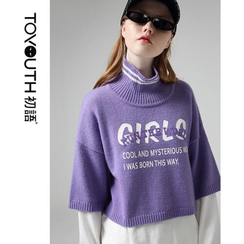 Toyouth Women Autumn New Turtleneck Short Sweaters Letter Printed Half Sleeve Crop Sweater Female Tops