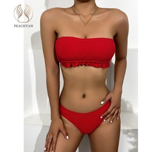 Peachtan Ruffle swimsuit women Bandeau bikini 2021 Smocked swimwear female Soild bathing suit Sexy 2 pieces set biquini summer