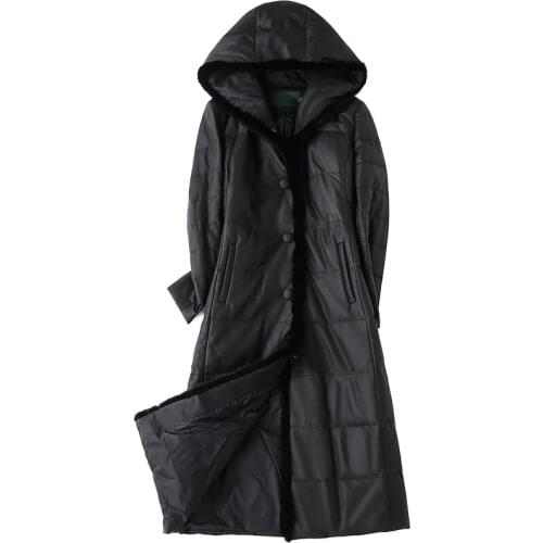 Women Down Jackets Real Sheepskin Coat Long Winter Warm Genuine Leather Jacket Hooded Mink Fur Trim manteau femme 18399B