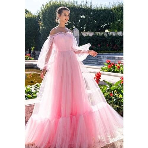 Sweetheart Draped Pleats Long Sleeve Tulle A-line Lace Up Back Prom Dresses 2021 Women Formal Evening Gowns robes de soirée