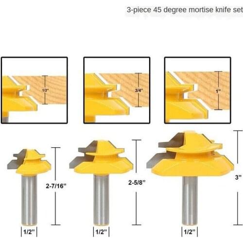 3PC Small Lock Miter Router Bit Anti-kickback 45 Degree 1/2 Inch Stock Shank Tenon Cutter for WoodworkingTools