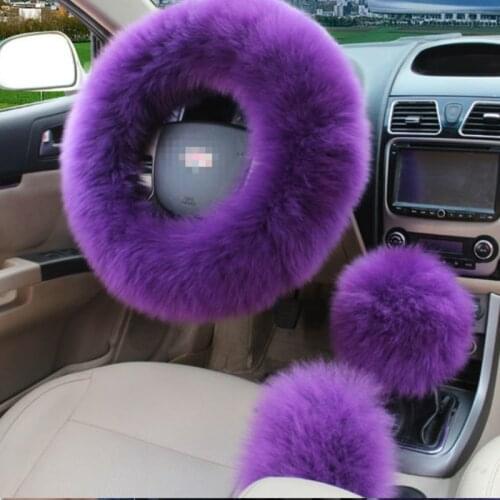 3 Pcs Set Purple Car Steering Wheel Cover Elastic Fluffy Woolen