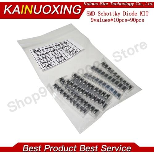 90pcs 9values x 10pcs 1N4001 1N4004 1N4007 SS14 SS24 SS34 SS16 SS26 SS36 SMD schottky diode assort kit