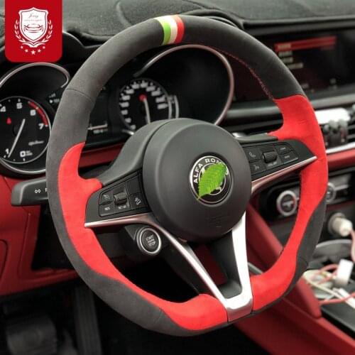 Real Alcantara hand-stitched steering wheel cover for Alfa Romeo Giulia Stelvio Suture Hand grip interior car accessories