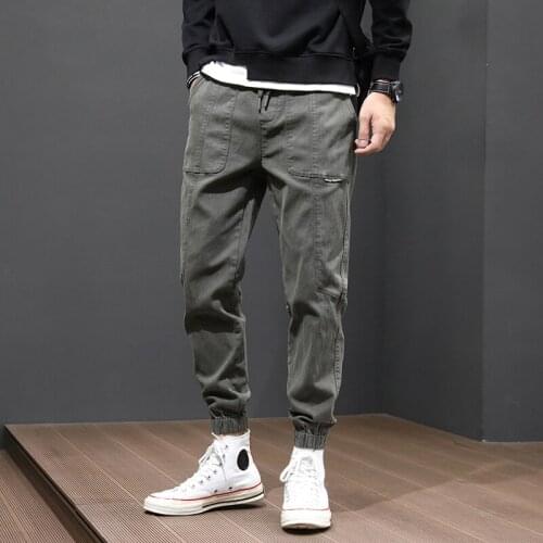 Japanese Style Fashion Men Jeans Loose Fit Army Green Gray Casual Cargo Pants Men Harem Trousers Streetwear Hip Hop Jogger Pants