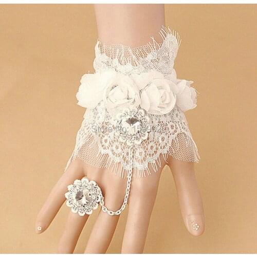 Elegant White Rose Flower Lace Bracelet with Ring Princess Wedding Wrist Corsage for Bridesmaid Women Bride Hand Jewelry