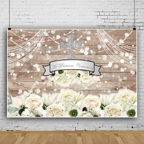 Photo Backdrop Wood Board Plank Flower God Bless You Dot Pearl Party Decor My First Communication Poster Photo Background