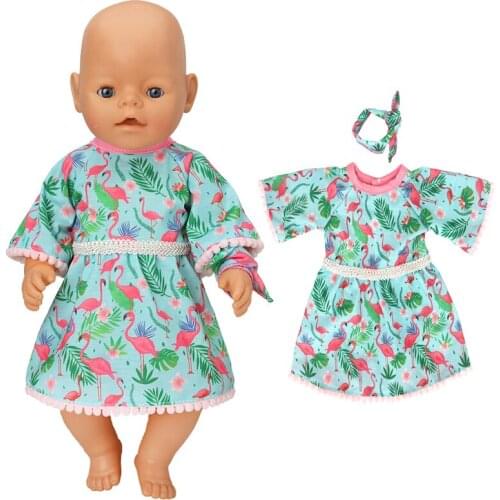 43Cm Baby Doll Dress Flamingo Headwear 17" Reborn Doll Clothes Green Dress Toys Accessories