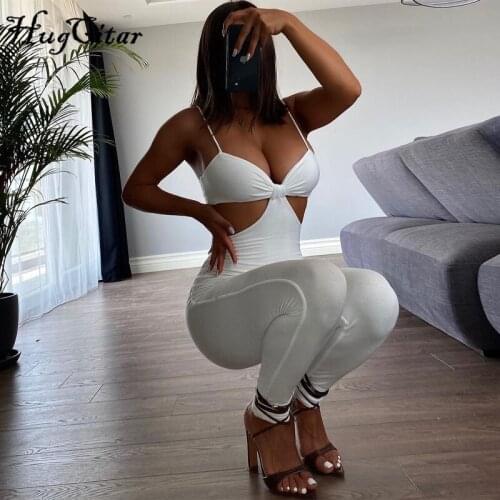 Hugcitar 2021 Summer Fall Sleeveless Backless Hollow Out Slip Revealing Solid Folds Sexy Jumpsuit Women Fashion Outfits Party