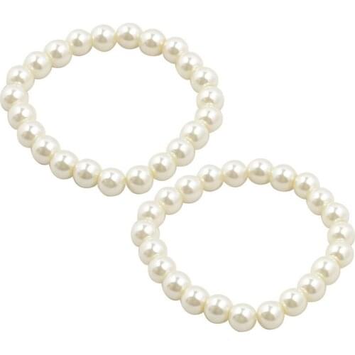 Kili 2 Pcs White Faux Pearls Beaded Elastic Bracelet Wrist Ornament for Women