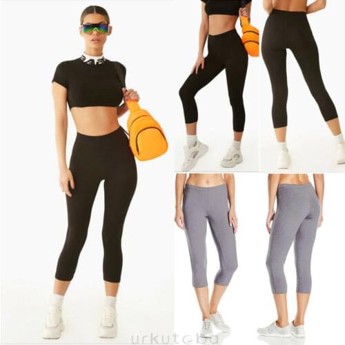 2019 Women High Waist Leggings Solid Color Fitness Slim Leggings Sports Gym Dance Running Capri Jogging Three Quarter Legging