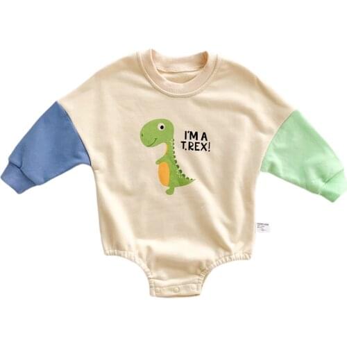 Cute Baby Girl Boy Romper, Patchwork Long Sleeve Round Neck Cartoon Dinosaur Print Crotch Buttons Long Sleeve Warm Bodysuits