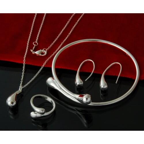 Fashion Wedding Bridal Jewelry Set N925 Stamped Silver color Water Drop Bangles+Necklace+Rings+Earrings Sets for Women