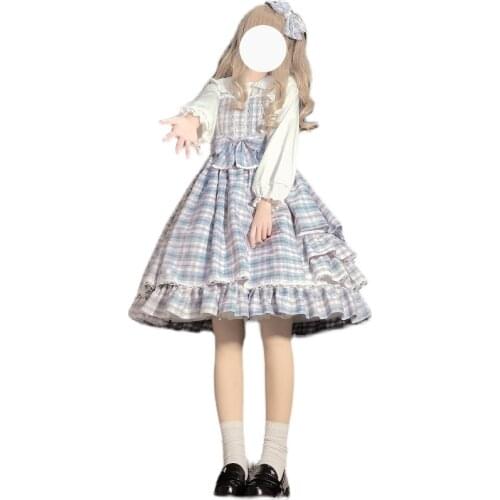 2021 New Japanese Summer Women Lolita Sundress Suspenders Plaid Layered Ruffles Princess Dress Cute Kawaii Bow Sleeveless Dress