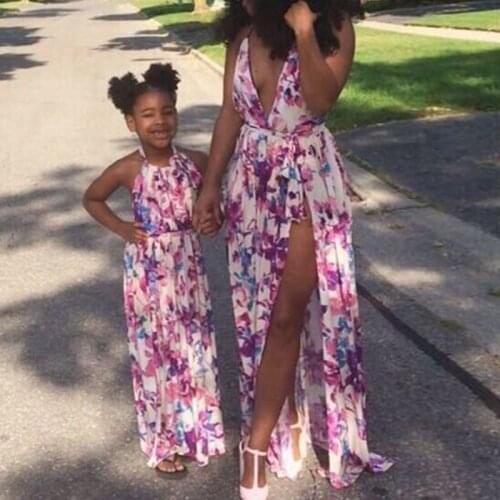 Deep V-neck Mother Daughter Dresses Summer Sleeveless High Split Dress Mommy and Me Family Matching Clothes Family Look Outfits