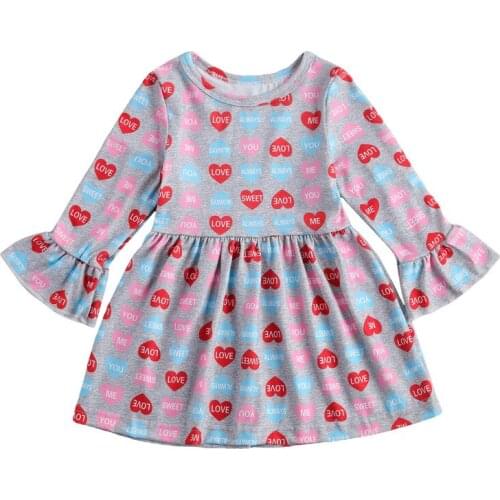 1-6Y Toddler Baby Girl Valentines Day Dress Fall Long Flared Sleeves LOVE Letter Print Princess Dancing Party Clothing 2020