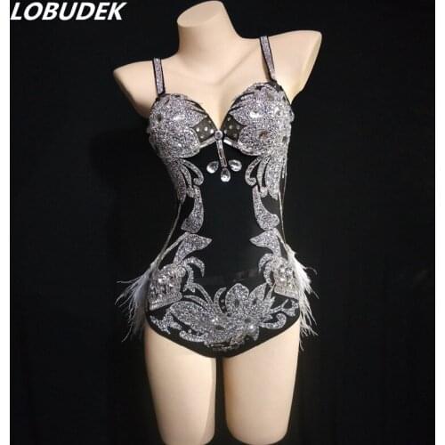 Silver Black Rhinestones Feather Bodysuit DJ DS Stage Wear Nightclub Party Club Show Dancer Team Performance Dance Costume