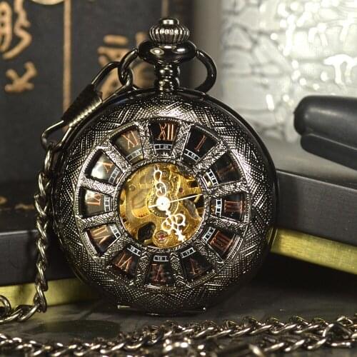 TIEDAN Steampunk Luxury Antique Black Skeleton Mechanical Pocket Watch Men Chain Necklace Business Casual Pocket Watches