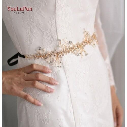 YouLaPan SH233-G Golden Diamond Belt Rhinestone Belt Pearl Weding Sash Belt with Satin Ribbon Alloy Leaves Bridal Sash Belts