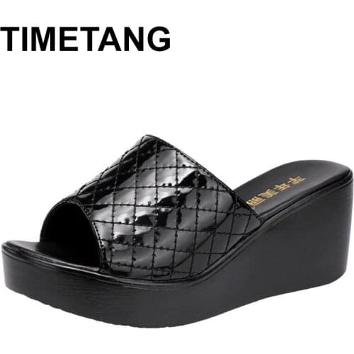 TIMETANGWomens Slip on Wedge Platform Peep Toe Breathable Leather Summer Slipper Shoes