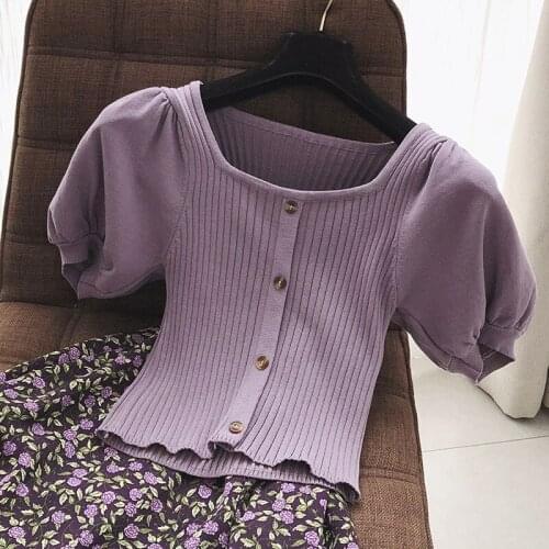 Puff Sleeved Knitted Women T-Shirts 2020 Summer New Solid Purple Square Collar Half Sleeved Slim Short High Waist Lady Tops Tees