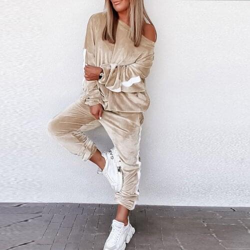 Striped Spliced Velvet Tracksuit Women Casual Threw Collar Long Sleeve Sweatshirt And Harem Pant Suit Loose Ladies Two Piece Set