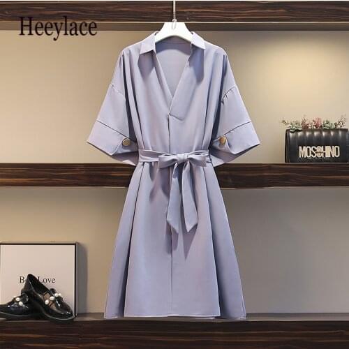 Plus size women Summer solid v neck short sleeve midi dresses office ladies elegant high waist A-line chiffon shirt dresses 2021
