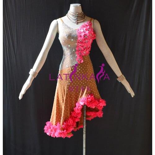 KAKA-NL15121,Women Dance Wear,Pink Flowers Latin Dress,Salsa Dress Tango Samba Rumba Chacha Dress,women dance dress