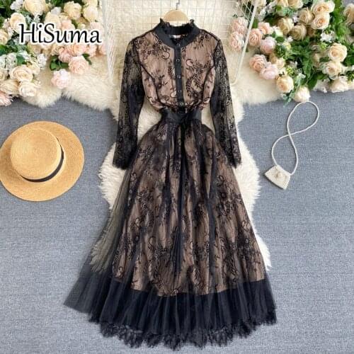 2021 spring new women O-neck single button hollow out lace gauze A-line dress female Chic elegant waist mesh party dresses