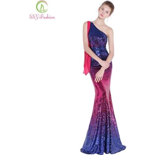 SSYFashion New Sexy Mermaid Prom Dress Slim One Shoulder Gradient Sequins Red with Blue Fishtail Party Gown Formal Dresses