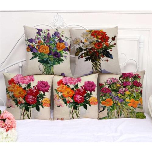 Throw Pillow Cases Watercolor Flowers In A Vase Cushion Cover 45x45cm Home Living Room Decoration Linen/Cotton Pillowcover Decor