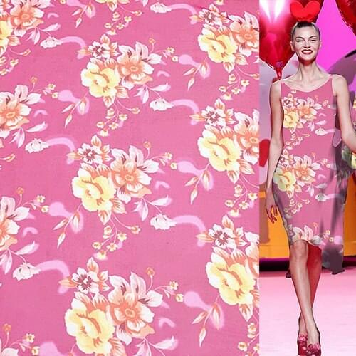 Pure silk georgette gauze silk fabric floral print on pink background,SCG417