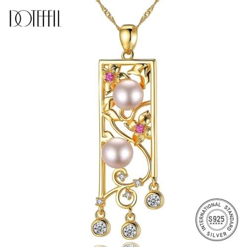 DOTEFFIL 925 Silver Chain Openwork flower Zircon Pearl Pendant Necklaces For Women Natural Freshwater Pearl Jewelry Link Gift