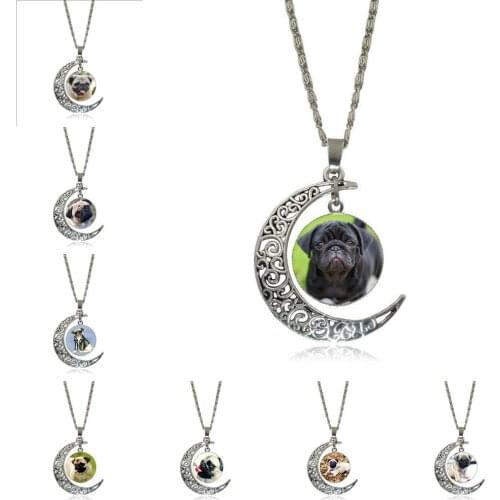 EJ Glaze Pug Dog For Women Girl Gift Glass Pendant Necklace Handmade Half Moon Pendant Necklace