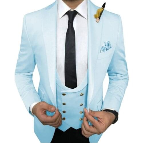 Handsome Light Blue Casual Business Suits Men Wedding Groom Tuxedo Slim Fit Costume Homme Mariage Terno Masculino 3 Piece Suits