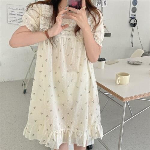 Floral Print Summer Nightgown Korean Square Collar Kawaii Mini Sleepwear Loose Casual Cotton Home Clothes Lace Dot Homewear 2021