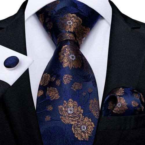 Fashion Floral Mens Ties Wedding Accessories Blue Neck Tie For Men Pocket Square Cufflinks Corbatas Gift For Men DiBanGu