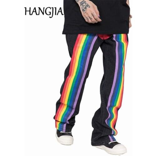 Fashionable Rainbow Printed Flare Jeans Men Women Casual Slim Fit Jean Japanese Streetwear Micro Elasticity Wide Leg Jeans